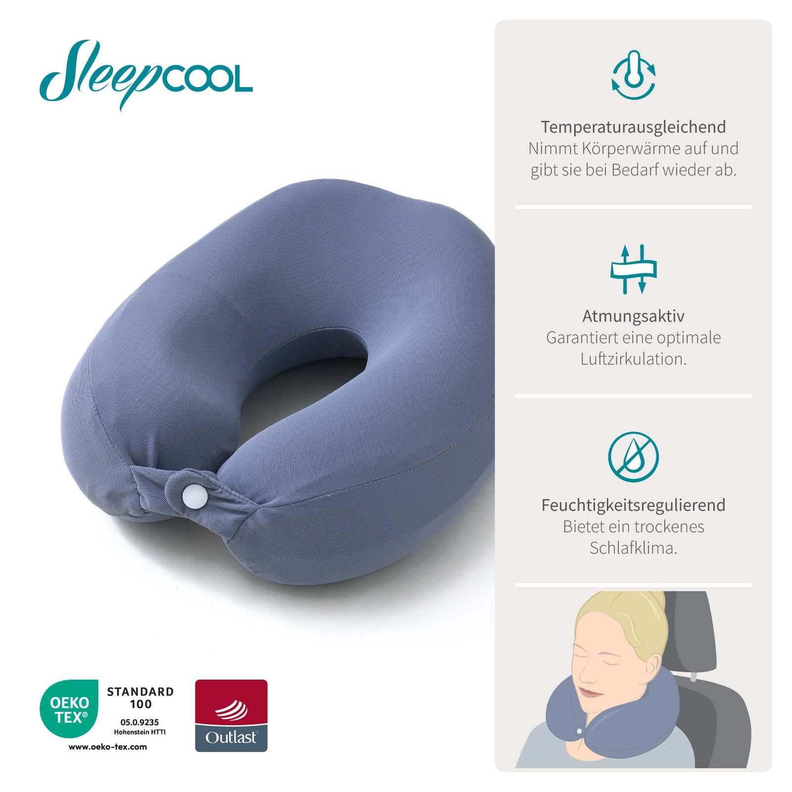 Nackenrolle / Reisekissen Cool.NECK - Bester Halt für Ihren Nacken ohne lästiges Schwitzen