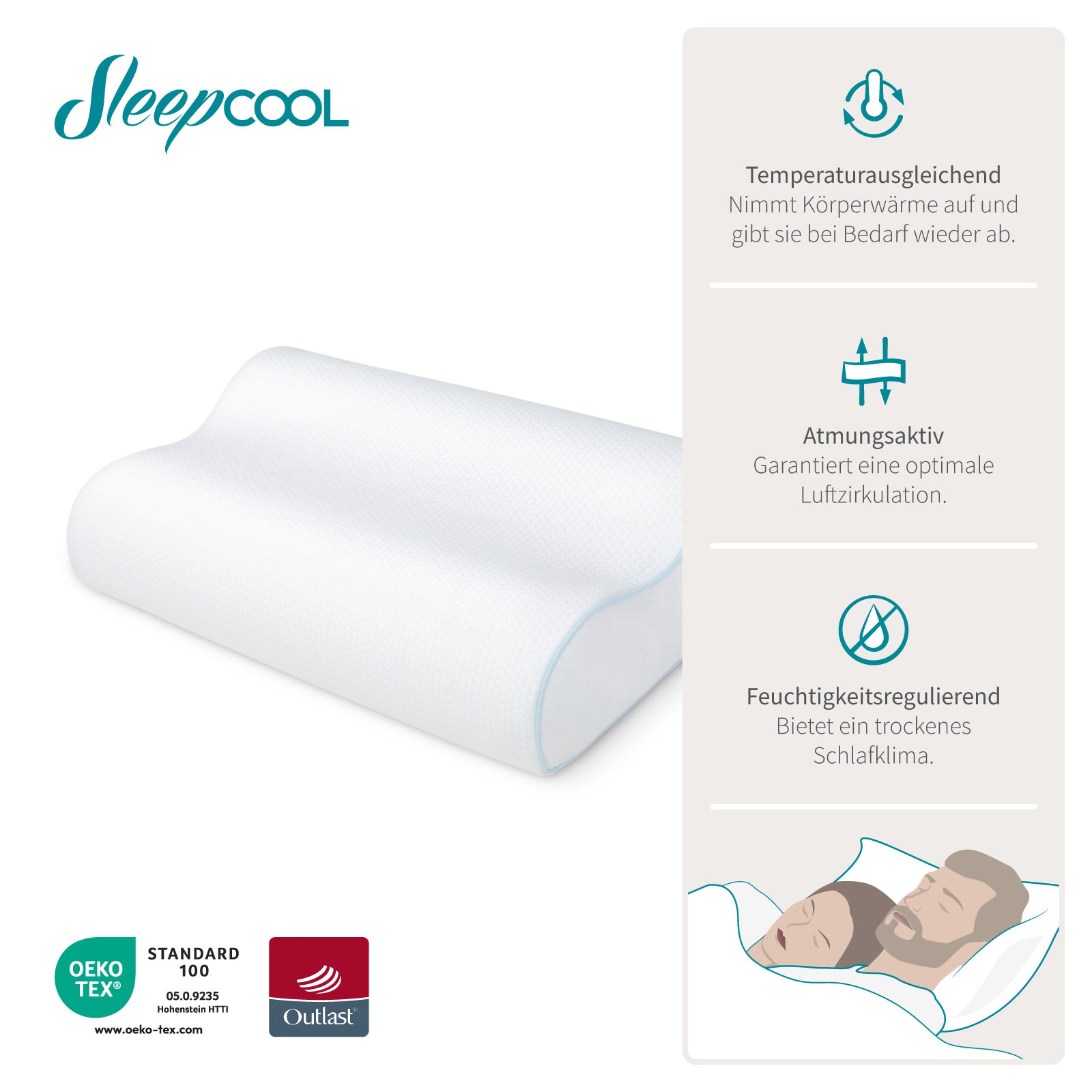 Ergonomisch geformtes Kopfkissen Cool.RELAX (30x50cm) : Ideale Unterstützung für eine gerade Wirbelsäule, Optimale Schlaftemperatur durch Klimaregulierung