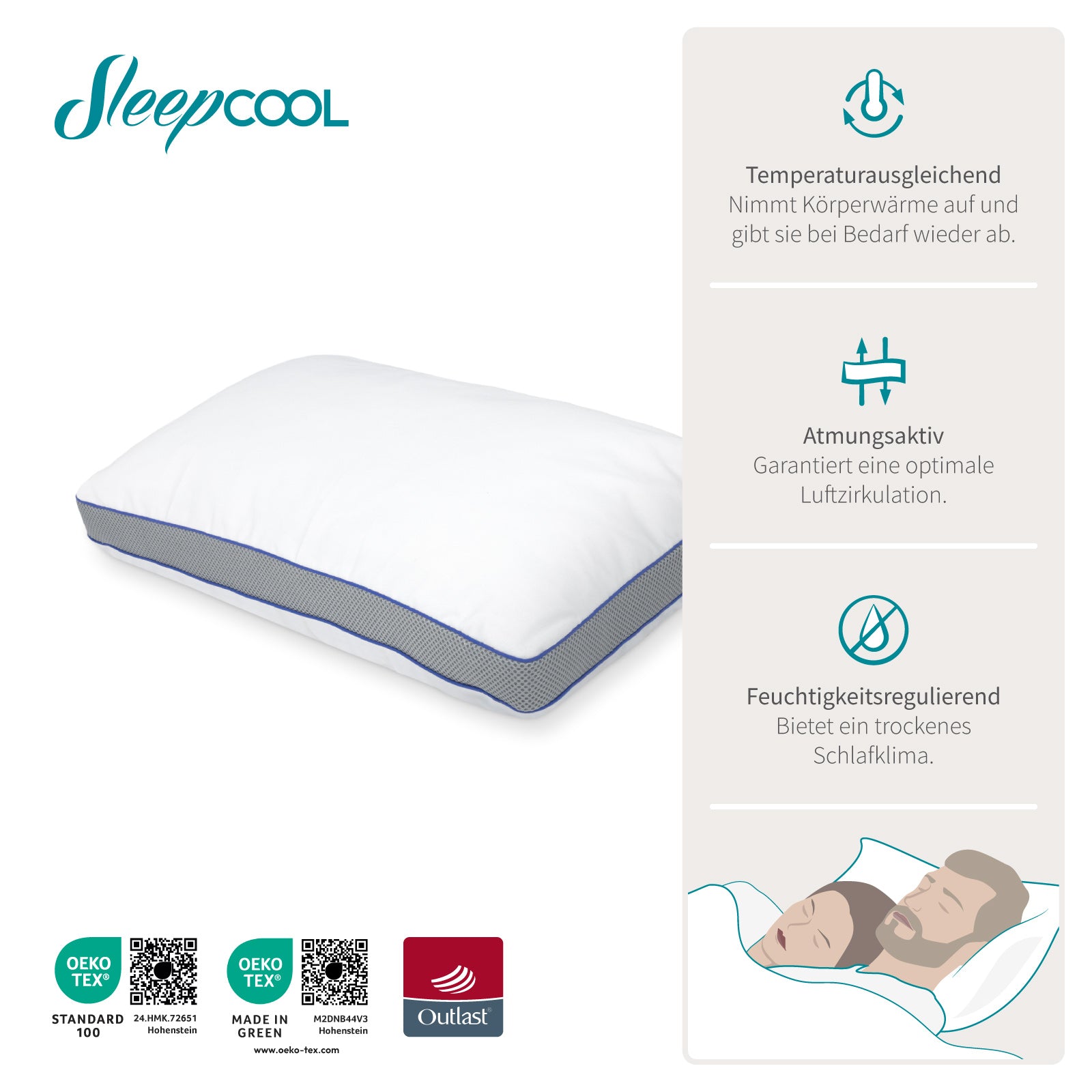 Premium-Kissen Cool.FUSION, 40x60cm, Memory-Foam-Kern & Dual-Comfort-System mit stärkster Outlast® Temperaturregulierung