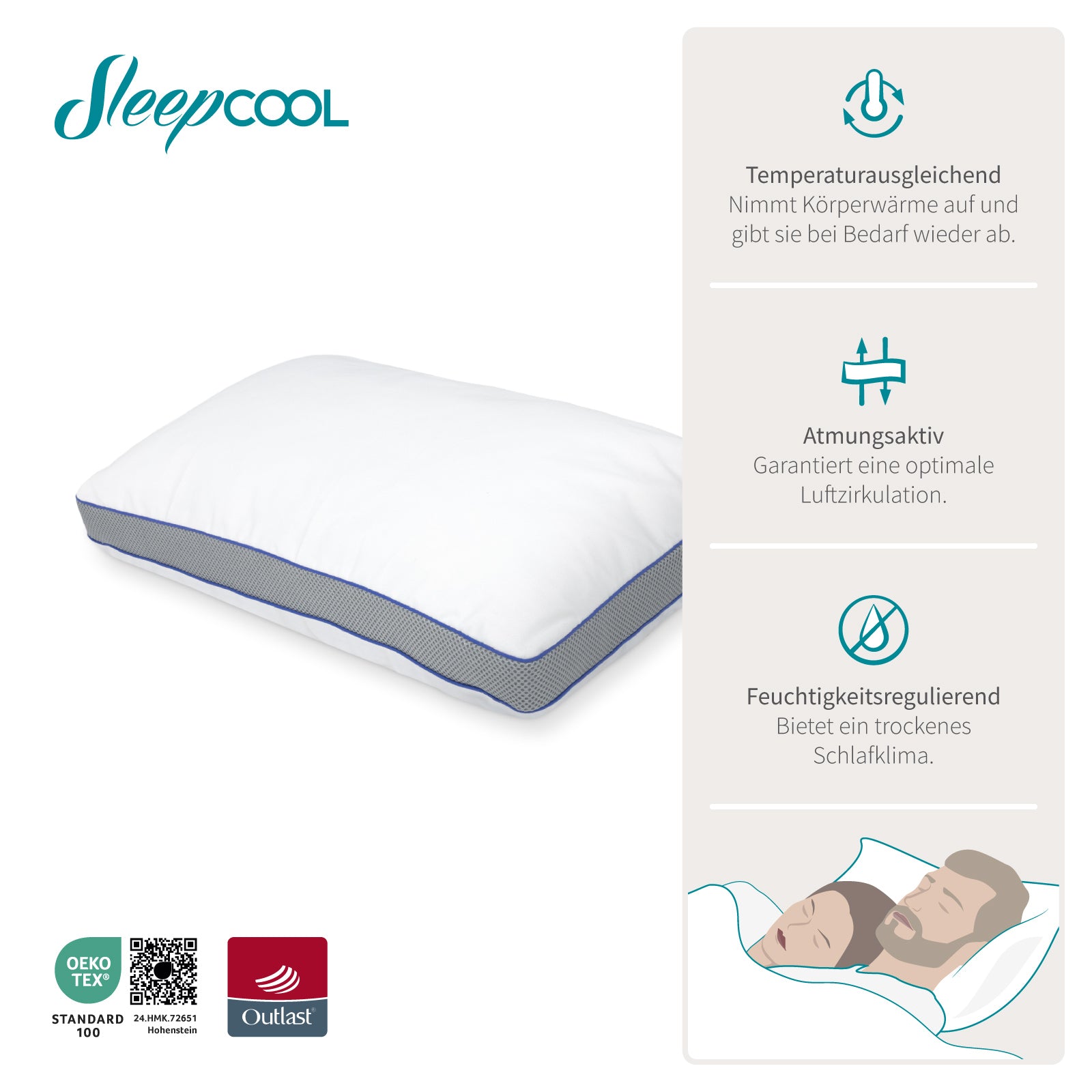 Premium-Kissen Cool.FUSION, 40x60cm, Memory-Foam-Kern & Dual-Comfort-System mit stärkster Outlast® Temperaturregulierung